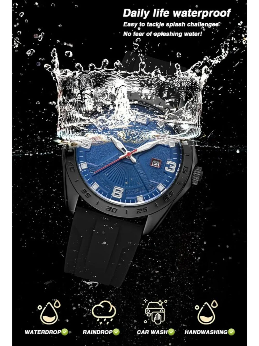 Men's Black And Blue Analog Quartz Stylish Waterproof Silicone Band Wrist Watch